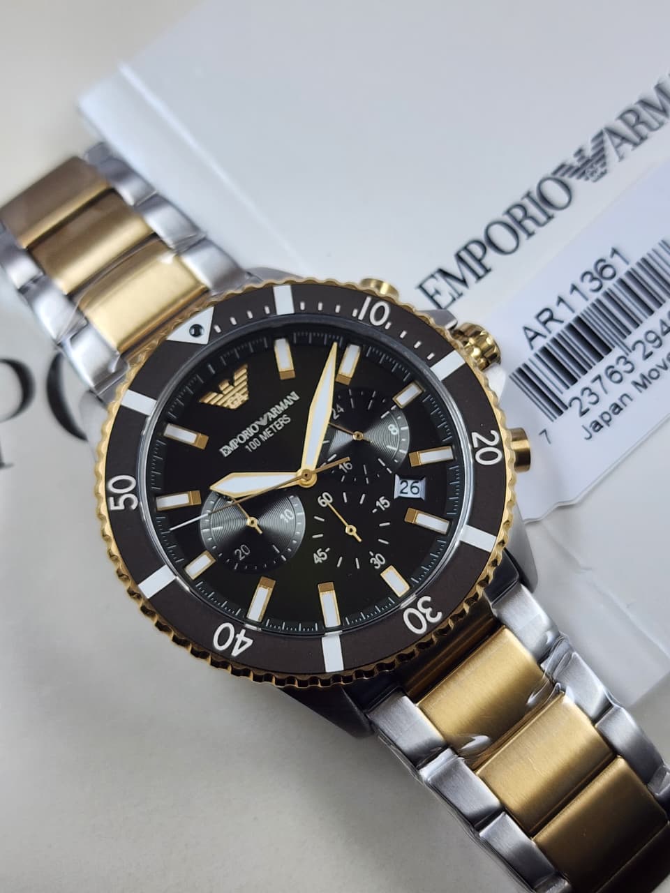 Emporio Armani Two Tone Chronograph Black Dial Men's Watch - AR11361